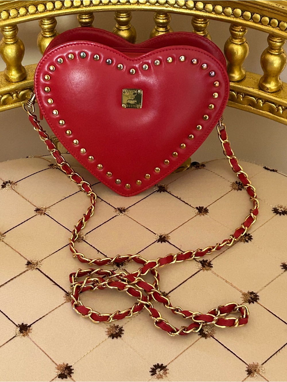 MCM Red Heart Studded Crossbody with Gold Chain Cromer Design - Picture 2 of 16